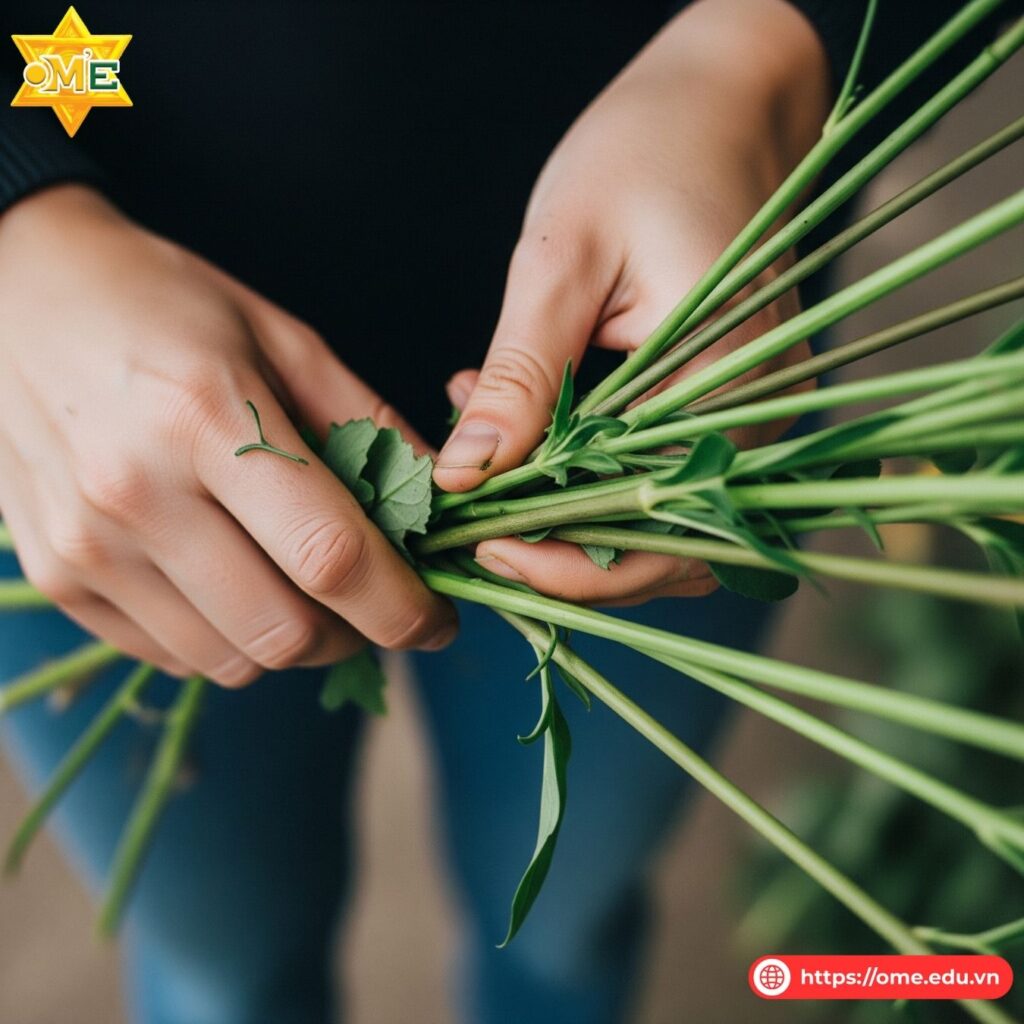 Đôi tay đang loay hoay, có phần vụng về với những cành hoa lộn xộn